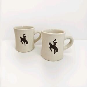 Vintage Wyoming Cowboys Steamboat Ceramic Coffee Mug Bronco Heavy Diner Set Of 2